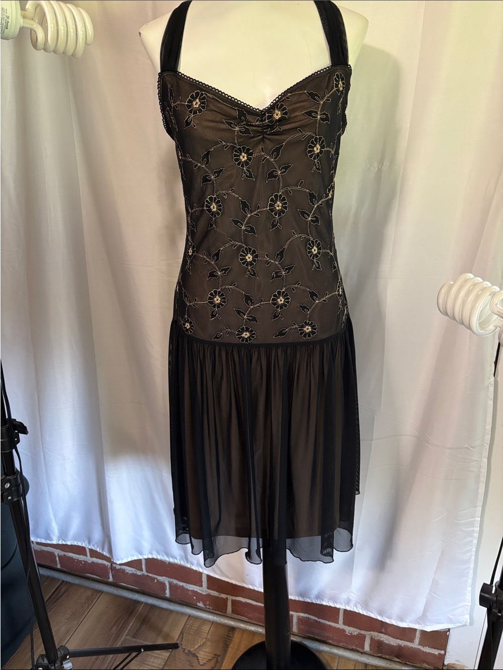 Betsey Johnson Black Embroidered Floral Mini Dress Tulle over Nude slip  Large